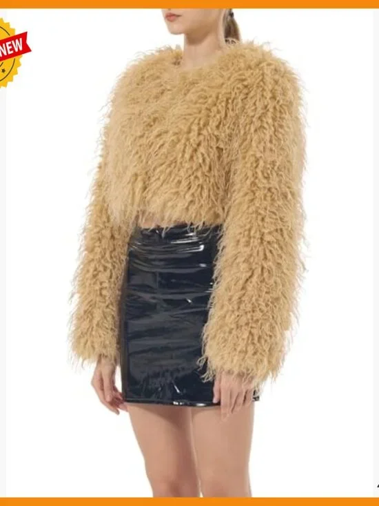 Cropped Faux Fur Jacket Long Sleeve Open Front Cardigan Winter Coat - Picture 5 of 7